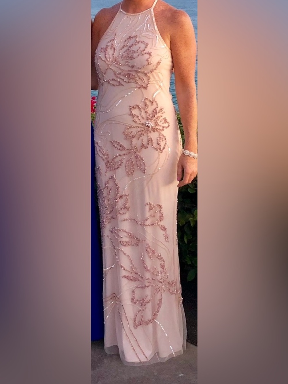 Parker Black Label - Blush Beaded Halter Evening Gown